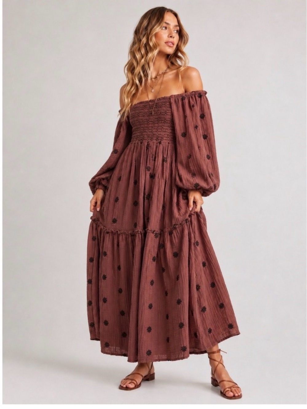 Free People Dahlia Embroidered Maxi Dress Brown Boho Smocked Puff Sleeve Boho XS